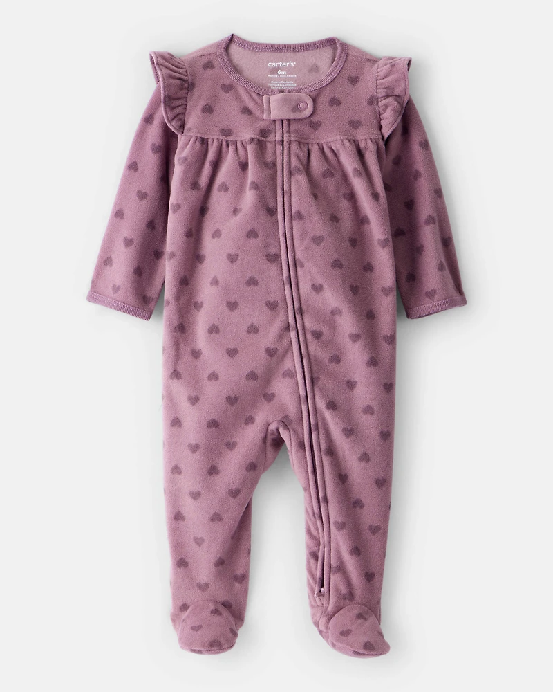 Baby Girl Heart Print Fleece Long-Sleeve Sleep & Play Pajamas - Purple