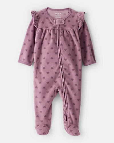 Baby Girl Heart Print Fleece Long-Sleeve Sleep & Play Pajamas - Purple