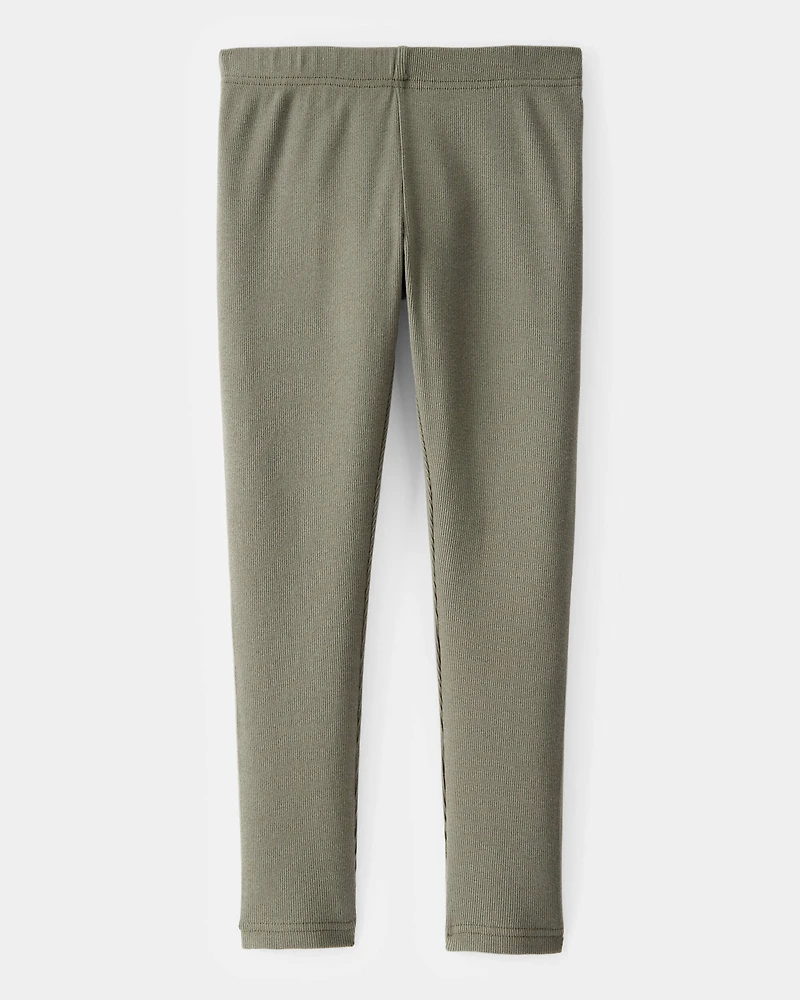 Girls Solid Cotton Ribbed Stretch Leggings - Green
