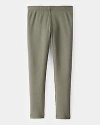 Girls Solid Cotton Ribbed Stretch Leggings - Green