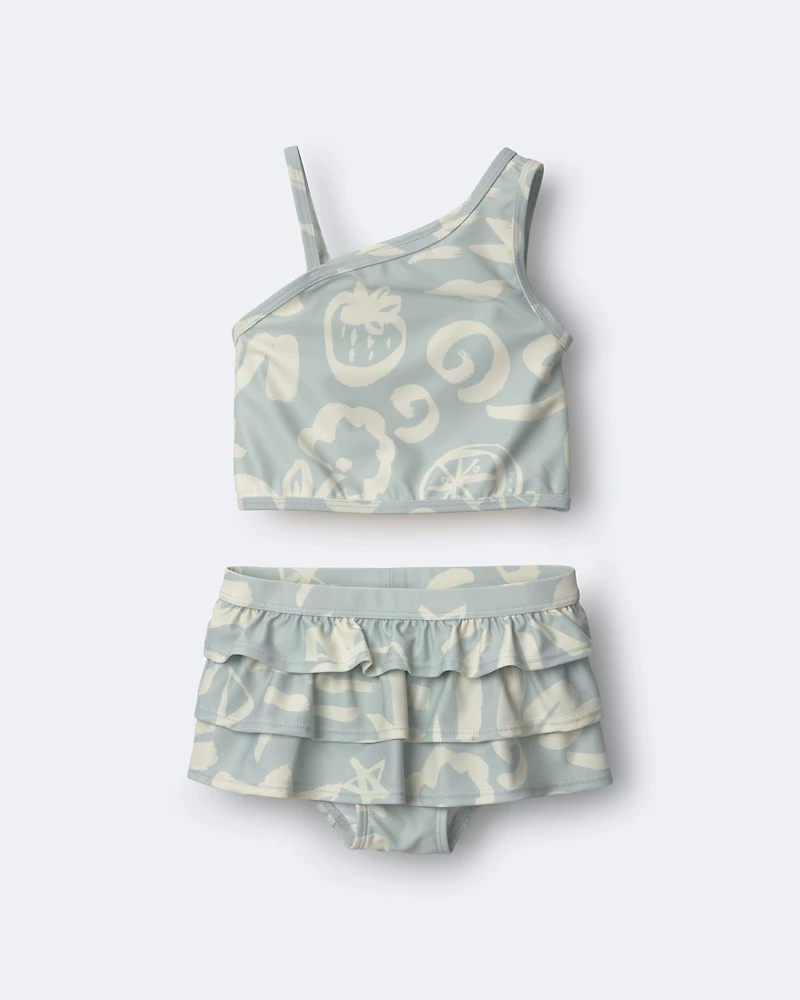 Toddler Girl Tropical One-Shoulder Ruffle Tankini Set - Light Blue