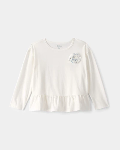 Toddler Girl Rose Applique Long-Sleeve Peplum Top - Ivory