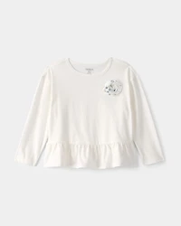 Toddler Girl Rose Applique Long-Sleeve Peplum Top - Ivory