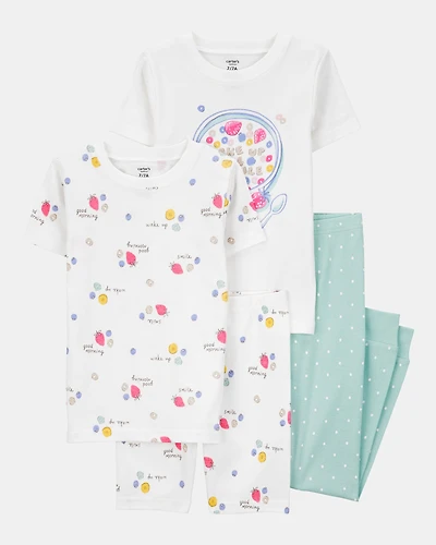Girls 4-Piece Breakfast Cereal 100% Snug Fit Cotton Pajamas - Turquoise/White