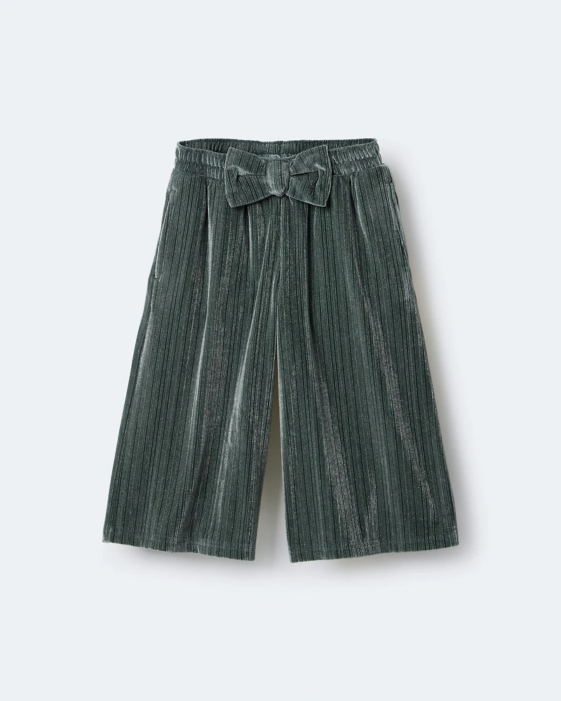 Toddler Girl Velvety Wide-Leg Pant with Bow - Dark Green