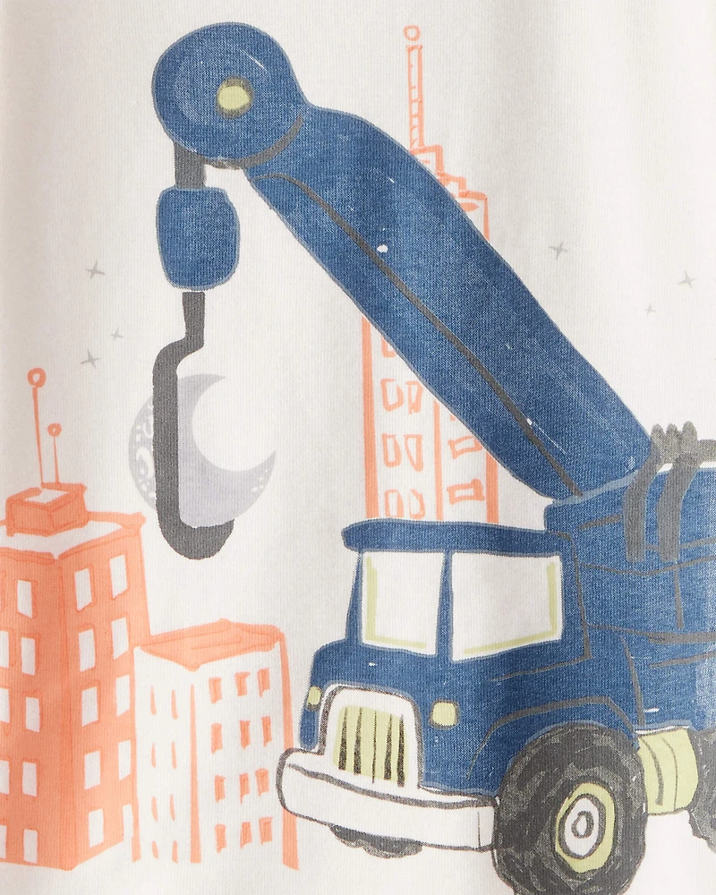 Toddler Construction Print 100% Cotton Long-Sleeve Sug Fit 4-Piece Pajamas - Blue/Navy/White