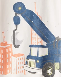 Toddler Construction Print 100% Cotton Long-Sleeve Sug Fit 4-Piece Pajamas - Blue/Navy/White