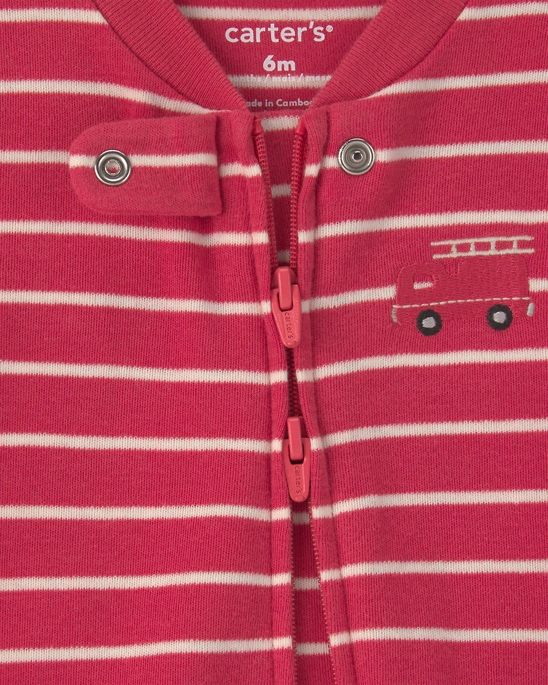 Baby Boy Firetruck Striped 100% Cotton 2-Way Zip Sleep & Play Pajamas - Red