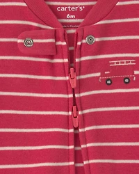 Baby Boy Firetruck Striped 100% Cotton 2-Way Zip Sleep & Play Pajamas - Red