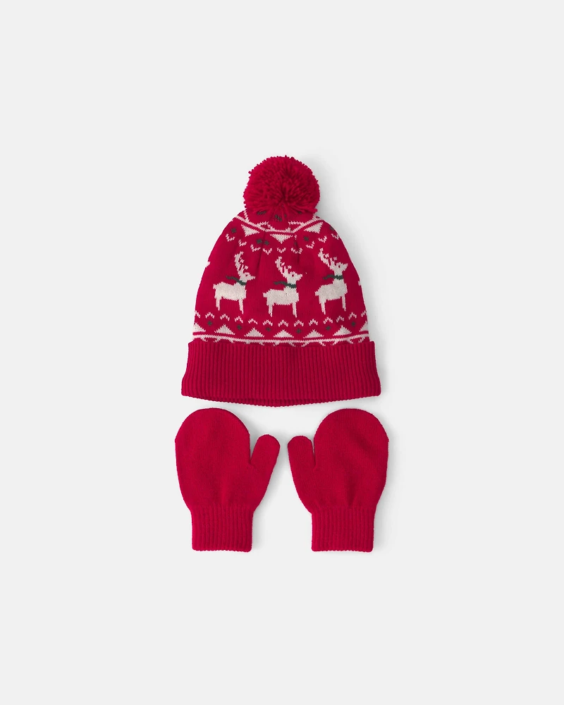 Baby 2-Piece Fair Isle Christmas Beanie & Glove Set - Red