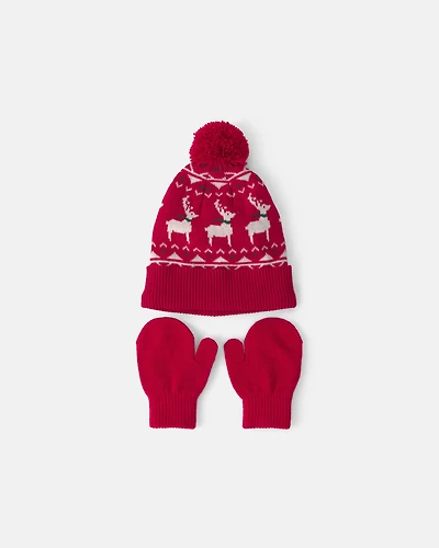 Baby 2-Piece Fair Isle Christmas Beanie & Glove Set - Red