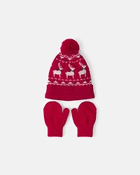 Baby 2-Piece Fair Isle Christmas Beanie & Glove Set - Red
