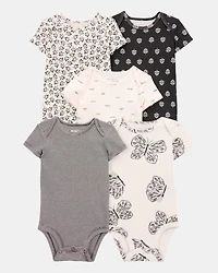 Baby Girl 5-Pack Striped Butterfly Short-Sleeve Cotton Bodysuits - Black/White