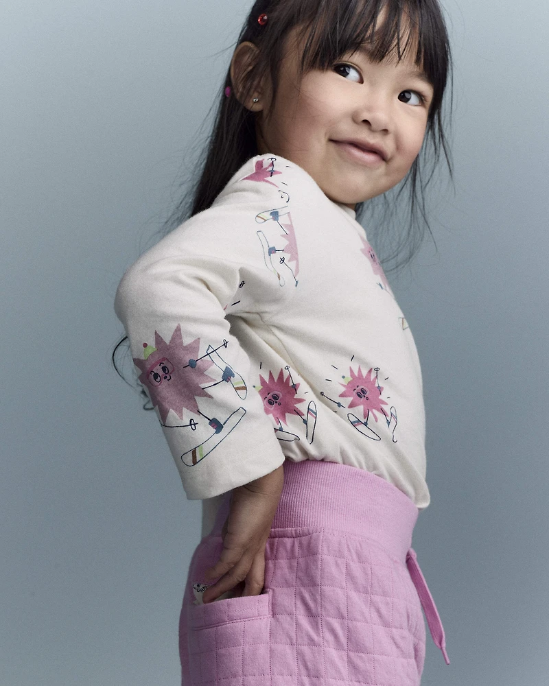 Toddler Girl Skiing Abstract Long-Sleeve Relaxed Graphic Top - Cream