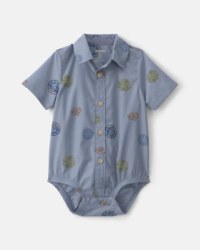 Baby Boy Patchwork Poplin Short-Sleeve Button-Down Bodysuit - Blue