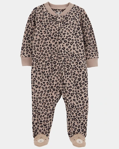Baby Girl Leopard Print Loose Fit Long-Sleeve 2-Way Zip Sleep & Play Pajamas - Brown