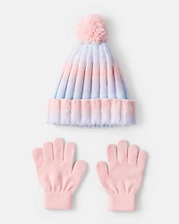 Girls 2-Piece Ombre Winter Hat & Mittens - Purple