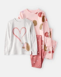 Baby Girl Hedgehog Print Cotton Long-Sleeve 4-Piece Pajamas - Pink/Brown