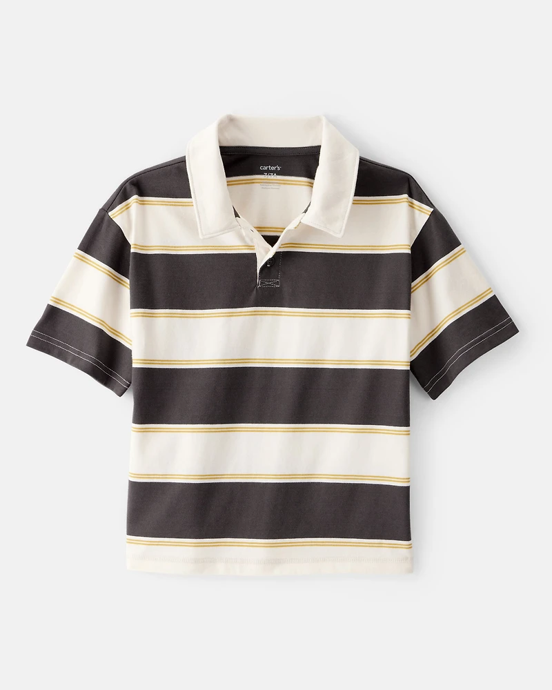 Boys Cotton Short-Sleeve Stripe Polo - Brown/Ivory