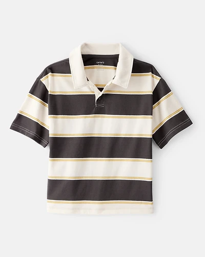 Boys Cotton Short-Sleeve Stripe Polo - Brown/Ivory