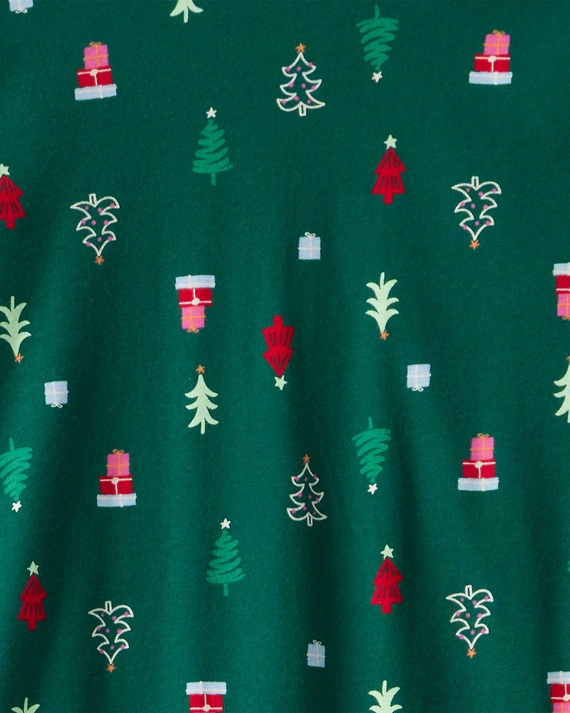 Adult Christmas Trees 100% Cotton Long-Sleeve Snug Fit 2-Piece Pajamas - Green