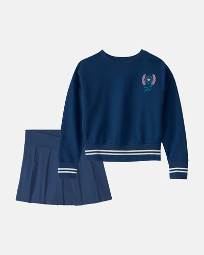 Girls 2-Piece French Terry Pullover Sweatshirt & Pleated Active Skort Set - Blue