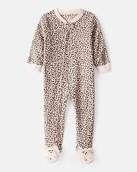 Toddler Girl Leopard Fleece Long-Sleeve Loose Fit 1-Piece Pajamas - Brown