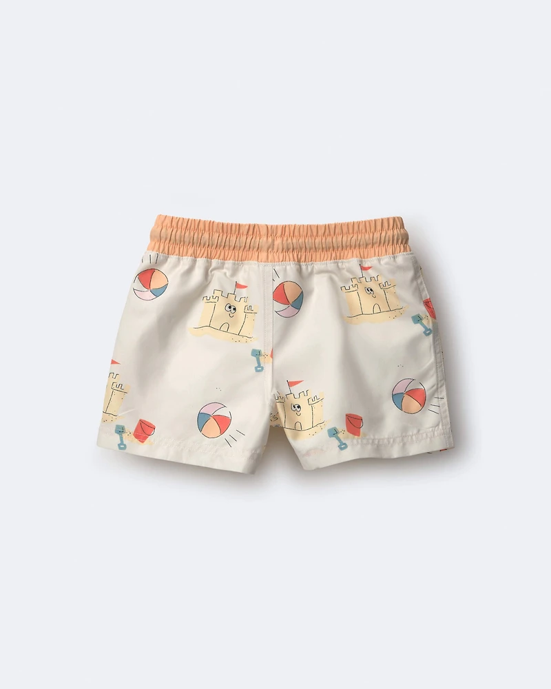 Toddler Boy Swim Trunks in Sandcastle Print - Cream