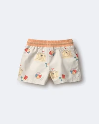 Toddler Boy Swim Trunks in Sandcastle Print - Cream