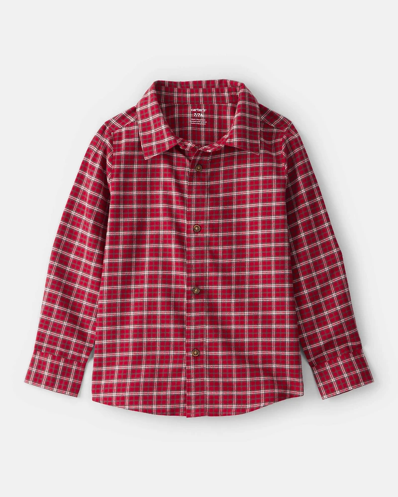 Boys Plaid Cotton Long-Sleeve Button-Down Shirt - Red