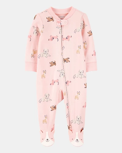 Baby Girl Dog Print 2-Way Zip Cotton Sleep & Play Pajamas - Pink