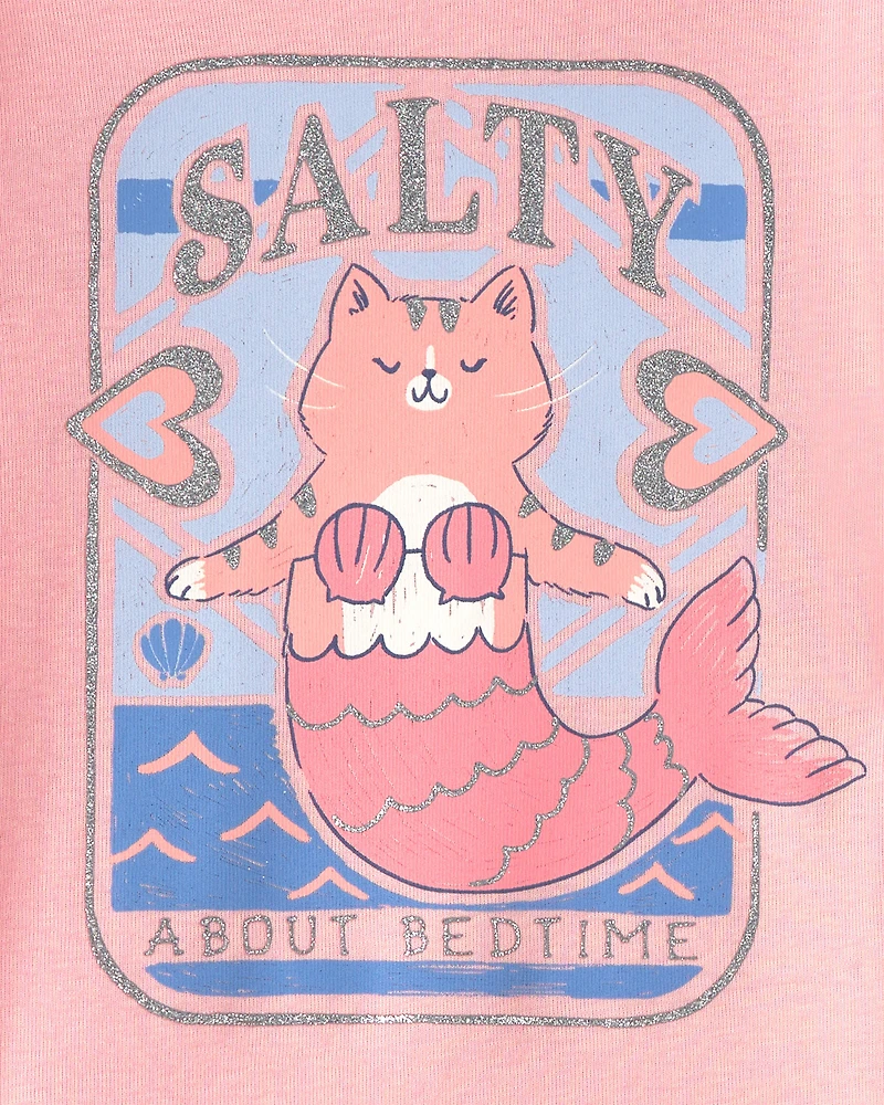 Toddler Girl Mermaid Cat 100% Cotton Snug Fit 4-Piece Pajama Set - Pink/Ivory