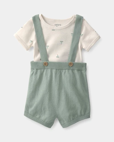 Baby 2-Piece Sailboat Overall Set - Green/Ivory