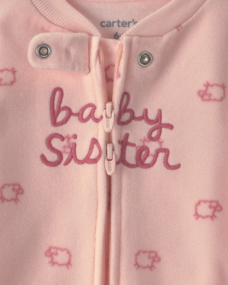 Baby Girl 'Baby Sister' Fleece 2-Way Zip Sleep & Play Pajamas - Pink