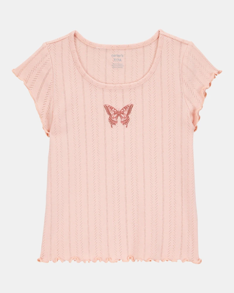 Kid 2-Piece Butterfly Pointelle Tee & Chiffon Skirt Set - Pink