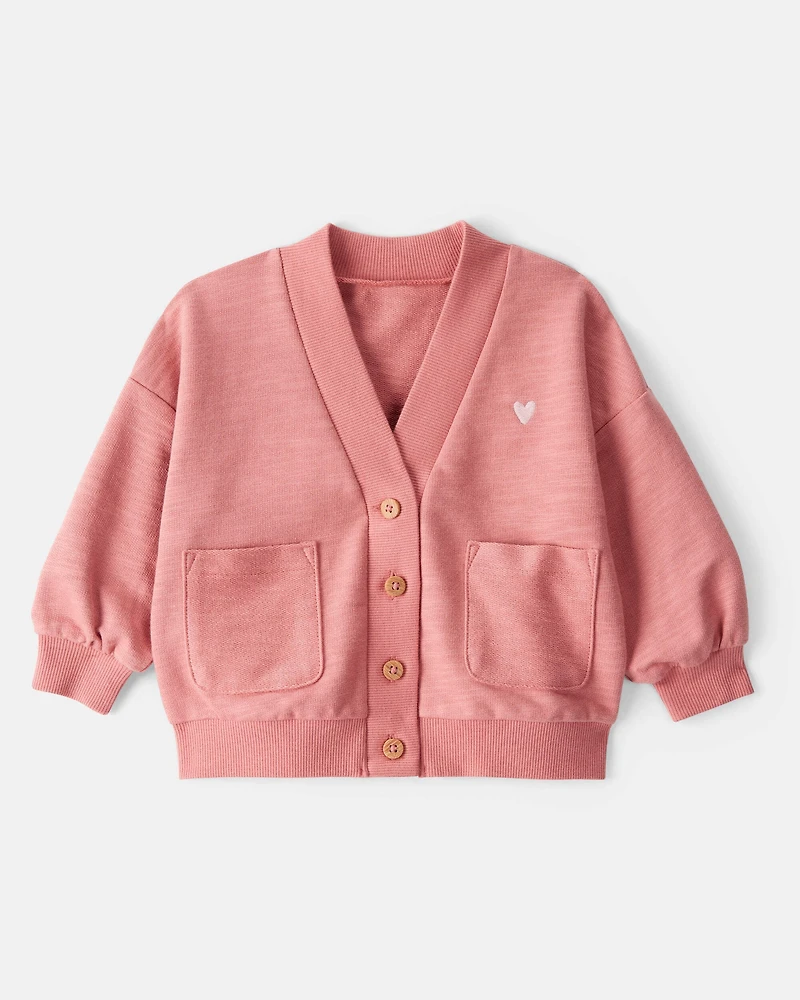 Baby Girl Heart Cotton Long-Sleeve Cardigan Sweater - Pink