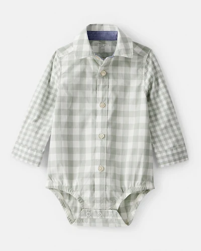 Baby Boy Plaid Long-Sleeve Button-Down Bodysuit - Green
