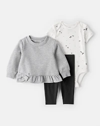 Baby Girl 3-Piece DayDream Fleece Bow Long-Sleeve Bodysuit & Pant Set