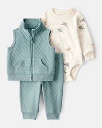 Baby 3-Piece Quilted Dinosaur Little Vest Set - Green/Ivory