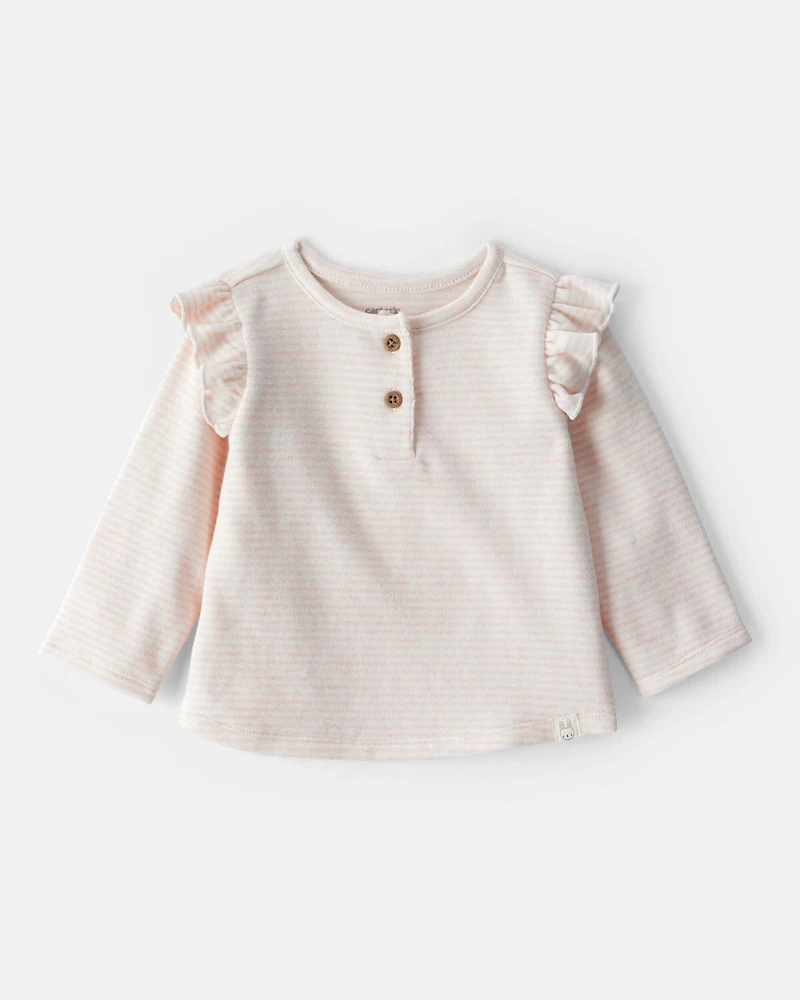 Baby Girl 2-Piece Striped Flutter-Sleeve Long-Sleeve Top & Pant Set - Pink/Cream