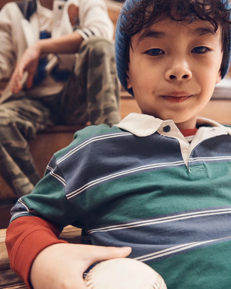 Boys Cotton Short-Sleeve Stripe Polo - Green/Blue