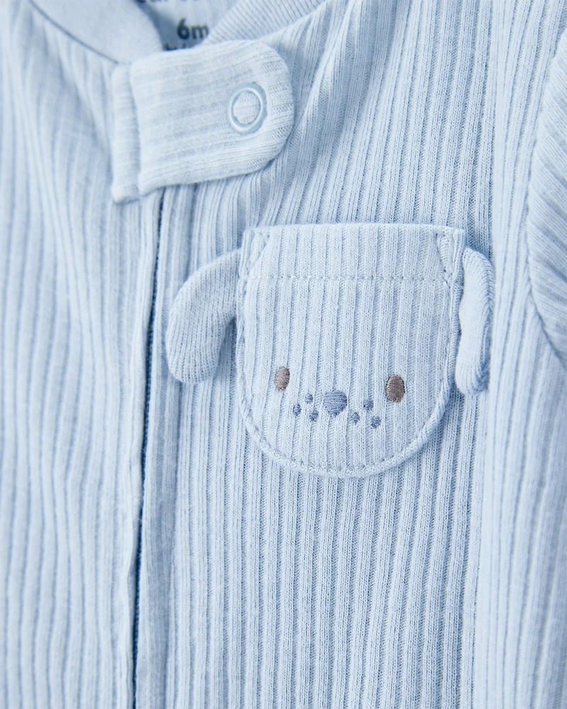 Baby Boy Dog Pocket 2-Way Zip Ribbed Sleep & Play Pajamas - Blue