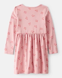 Girls Cherry Print Long Sleeve Cotton Dress - Pink