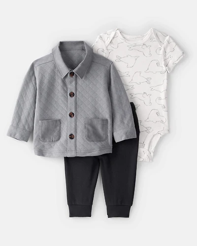 Baby Boy 3-Piece Quilted Button-Down Outfit Set - Grey/Black