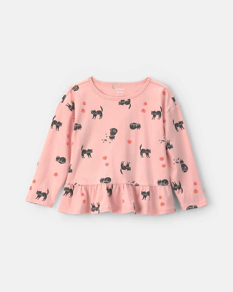 Toddler Girl Halloween Cat Long-Sleeve Peplum Top - Pink