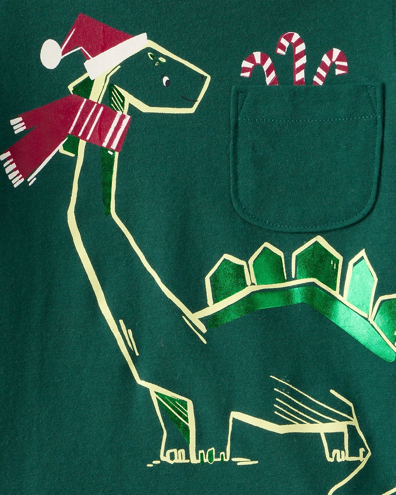 Toddler Boy Christmas Dinosaur Long-Sleeve Graphic Tee - Green