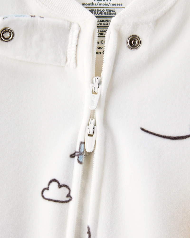 Baby Boy Helicopter Print DreamPlush Snug Fit Long-Sleeve 2-Way Zip 1-Piece Pajamas - White