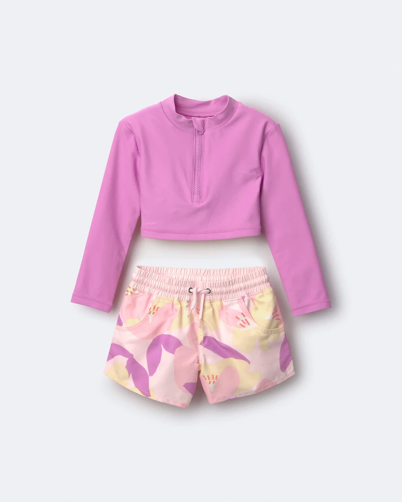 Toddler Girl Cropped Long-Sleeve Rashguard Set in Tropical Print - Purple/Rose