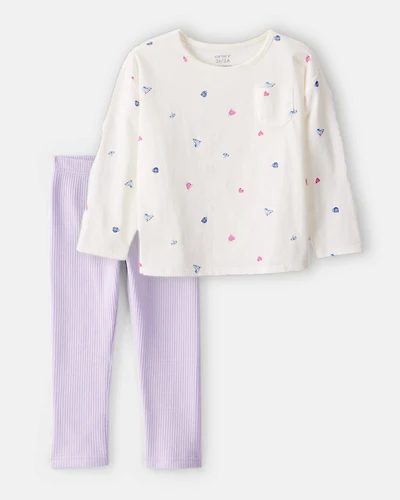 Toddler Girl 2-Piece Winter Print Top & Stretch Rib Leggings Set - Cream/Purple
