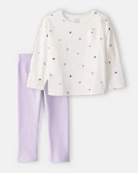 Toddler Girl 2-Piece Winter Print Top & Stretch Rib Leggings Set - Cream/Purple